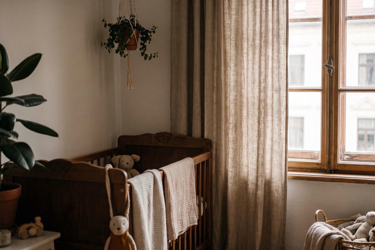 Rideau épais devant une fenêtre ancienne dans une chambre de bébé