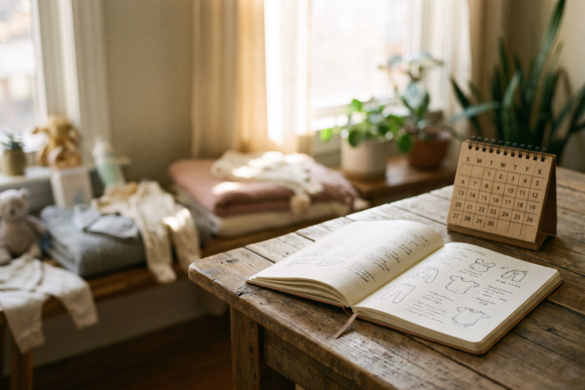 Calendrier de grossesse et liste de naissance posés sur une table