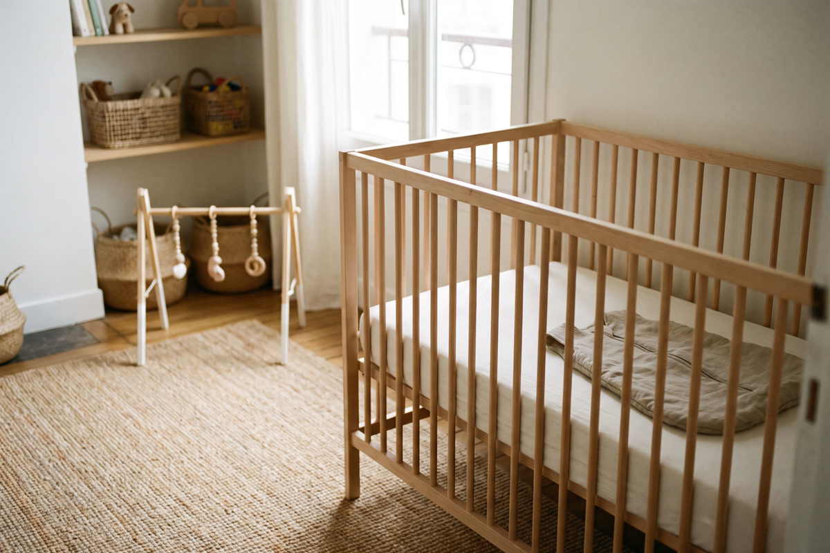 Lit à barreaux avec matelas ferme et gigoteuse prête pour l'arrivée de bébé