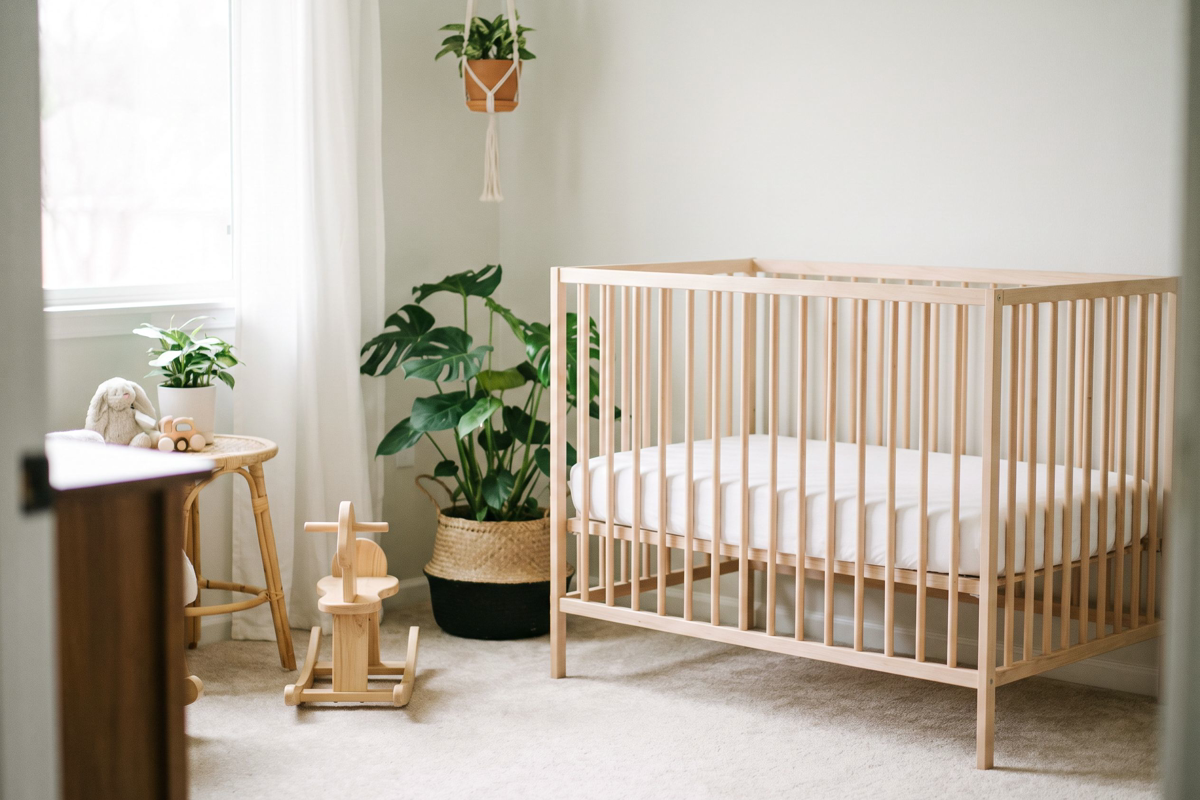 Lit à barreaux nu avec un matelas ferme dans une chambre de bébé